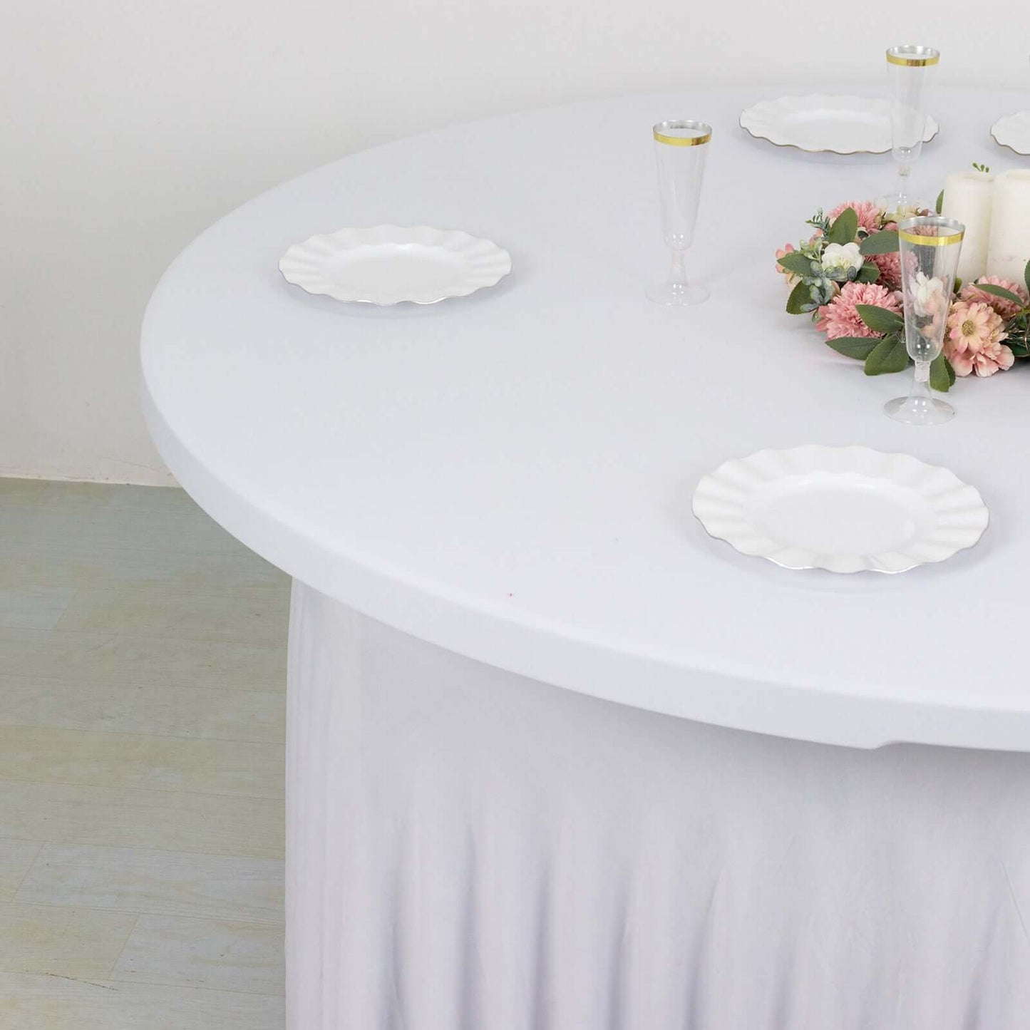 Spandex Round 5ft Table Skirt White with Wavy Skirt-Like Effect Stylish Table Cover for Weddings, Banquets & Trade Shows