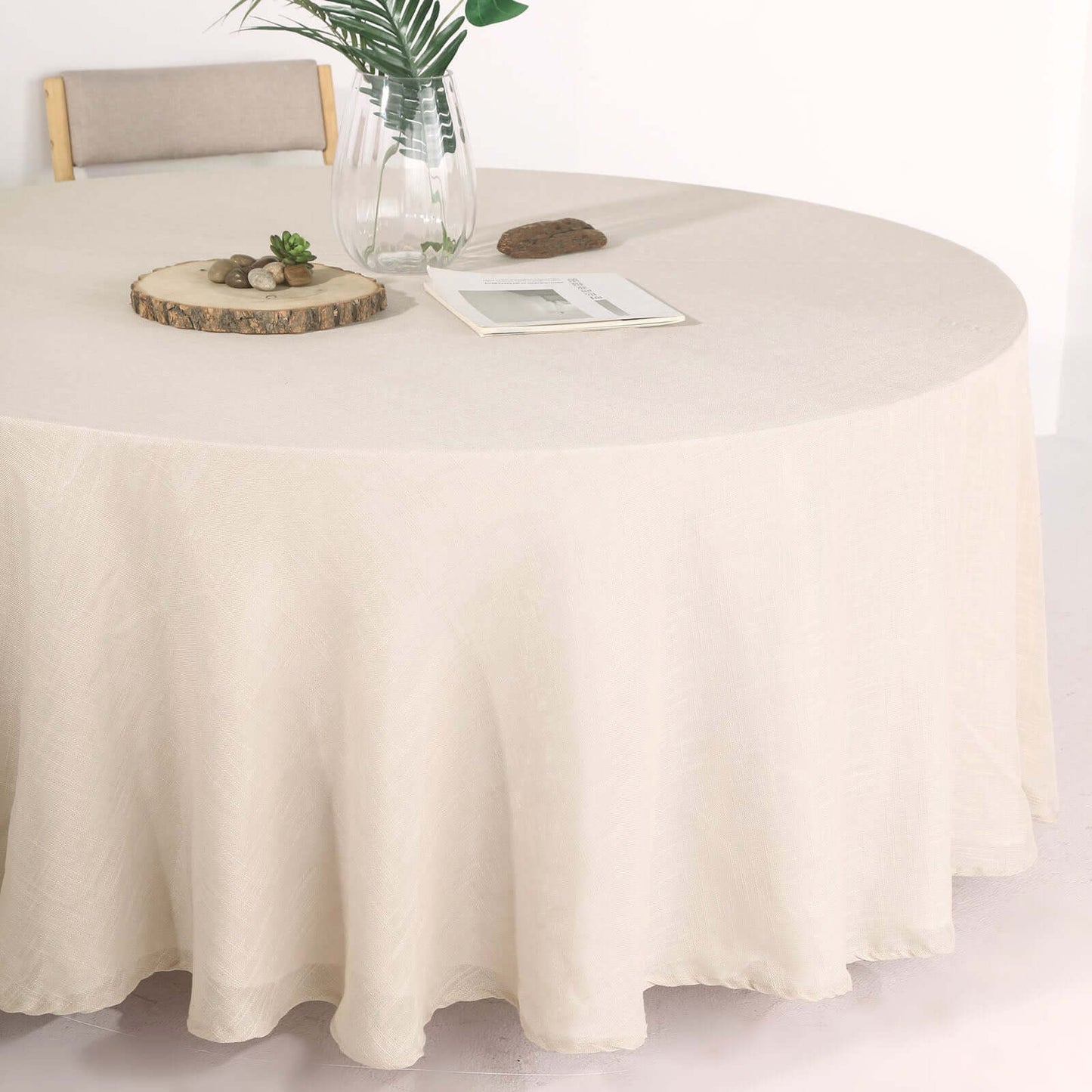 Faux Linen 120" Round Tablecloth Beige - Slubby Texture Wrinkle-Resistant Seamless Table Cover
