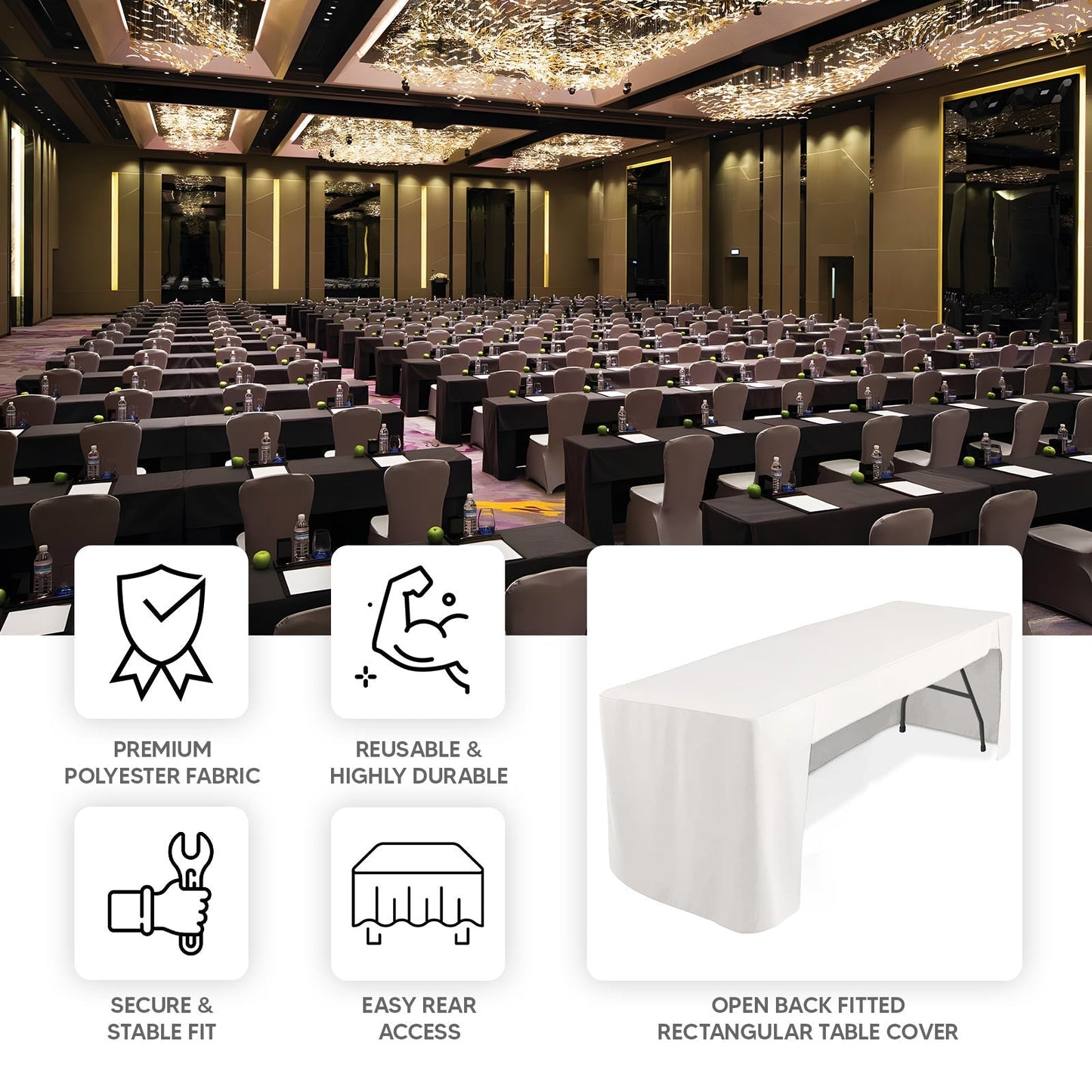 Fitted Polyester 96"x30" Rectangle Tablecloth Black with Open Back Design - Easy to Maintain and Wrinkle-Resistant Table Cover for Trade Shows & Displays