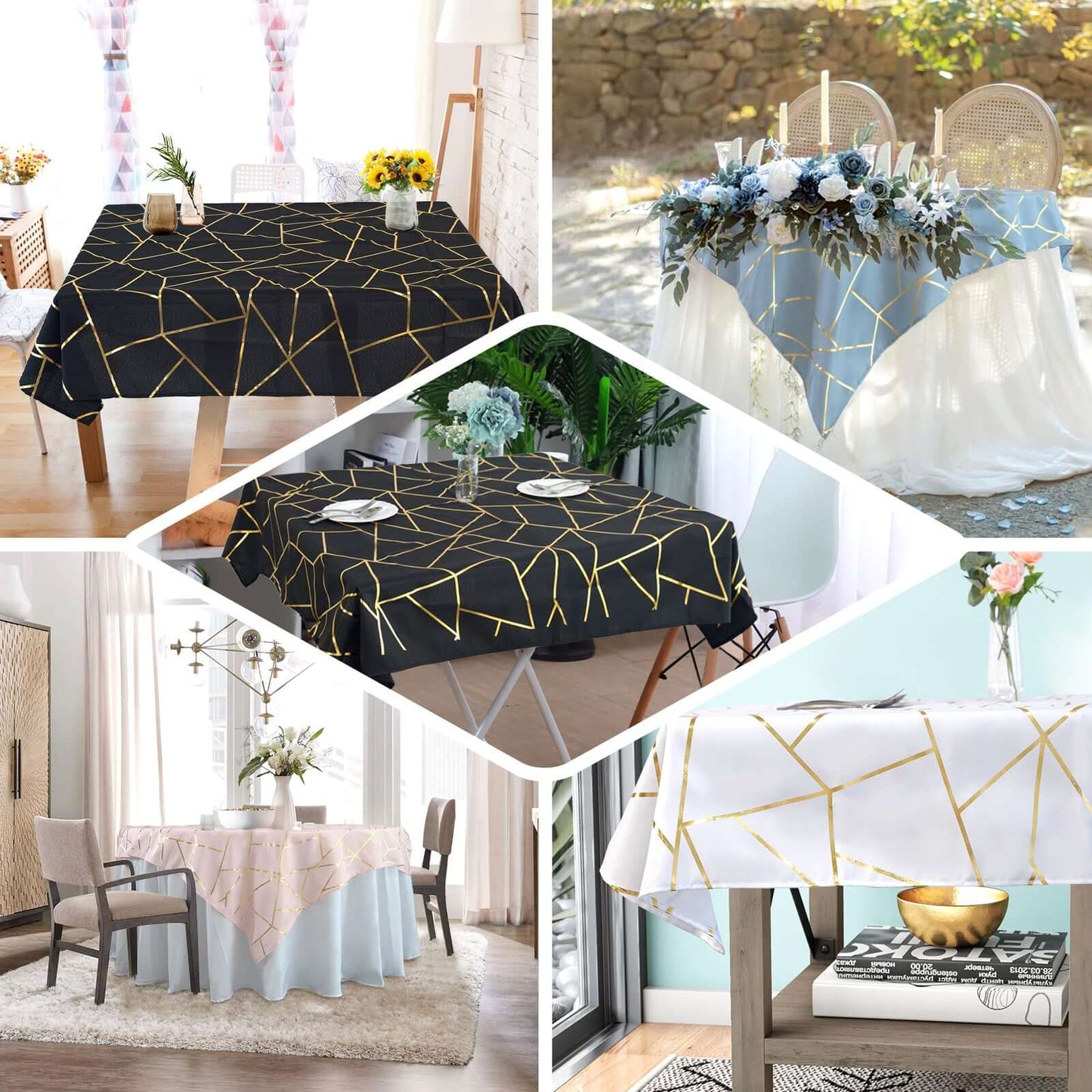 Polyester 54"x54" Table Overlay Square Tablecloth Blush with Gold Foil Geometric Pattern - Wrinkle-Resistant & Durable Table Topper