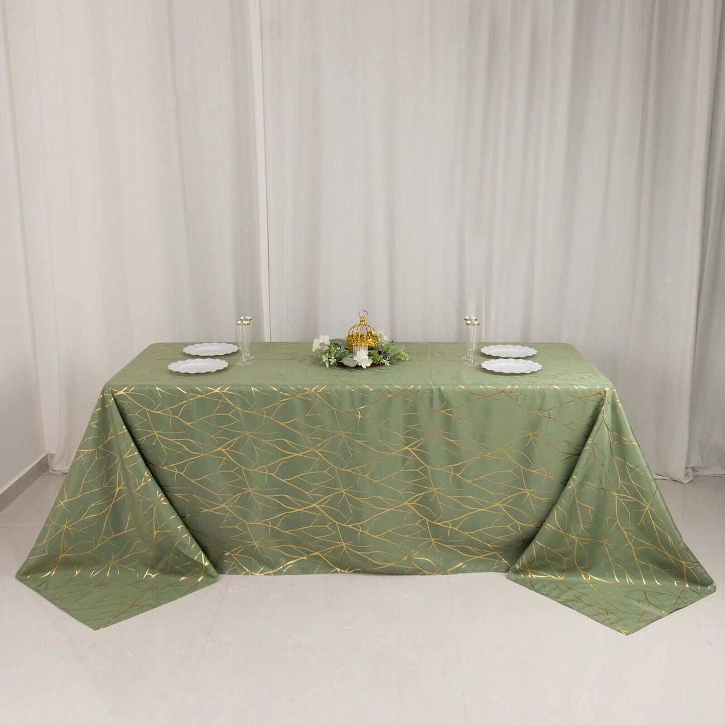 Polyester 90"x132" Rectangle Tablecloth Dusty Sage Green with Gold Foil Tree Branch Pattern - Wrinkle-Resistant Seamless Table Cover