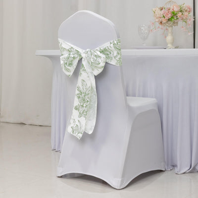 Polyester Chair Sashes White Dusty Sage Green French Toile Floral Design - Wrinkle-Resistant & Durable Chair Bows 6"x108"
