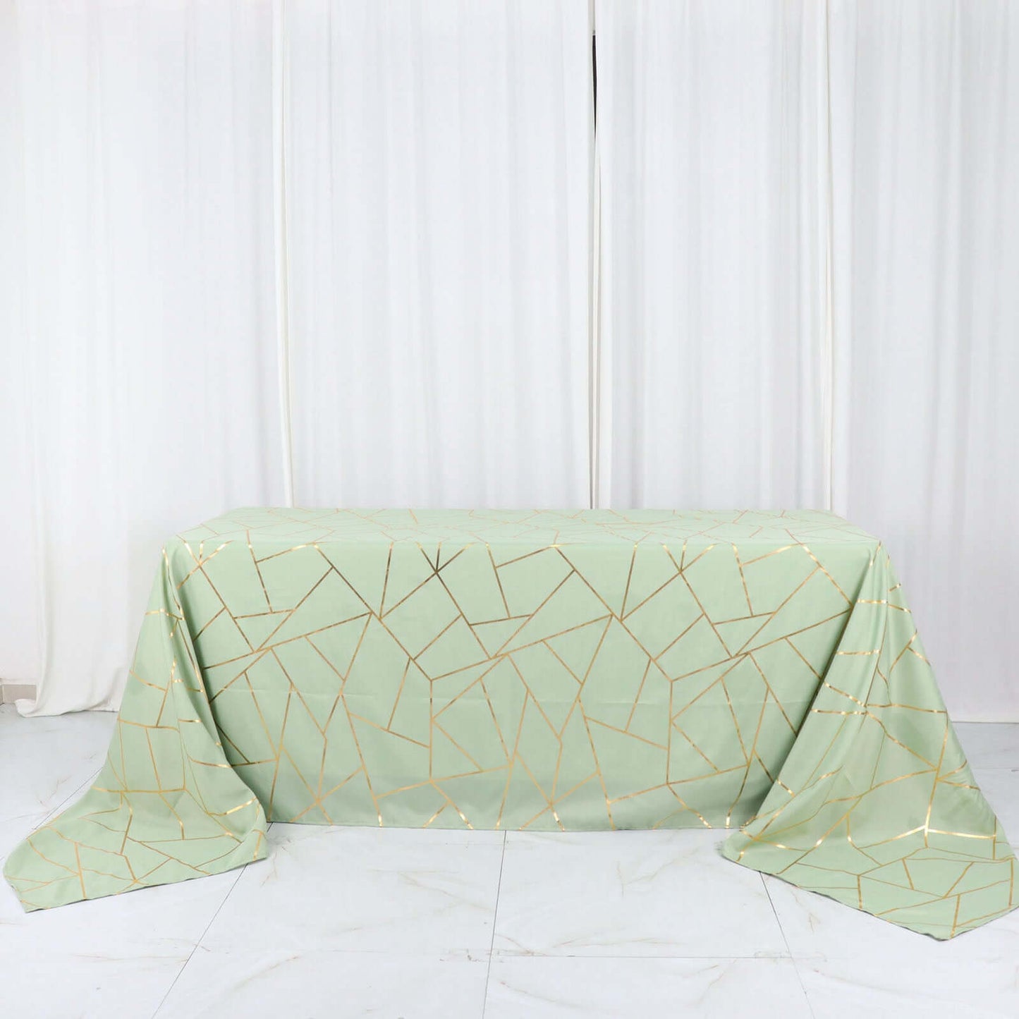Polyester 90"x156" Rectangle Tablecloth Sage Green Seamless with Gold Foil Geometric Pattern - Wrinkle-Resistant Seamless Table Cover for Sophisticated Events