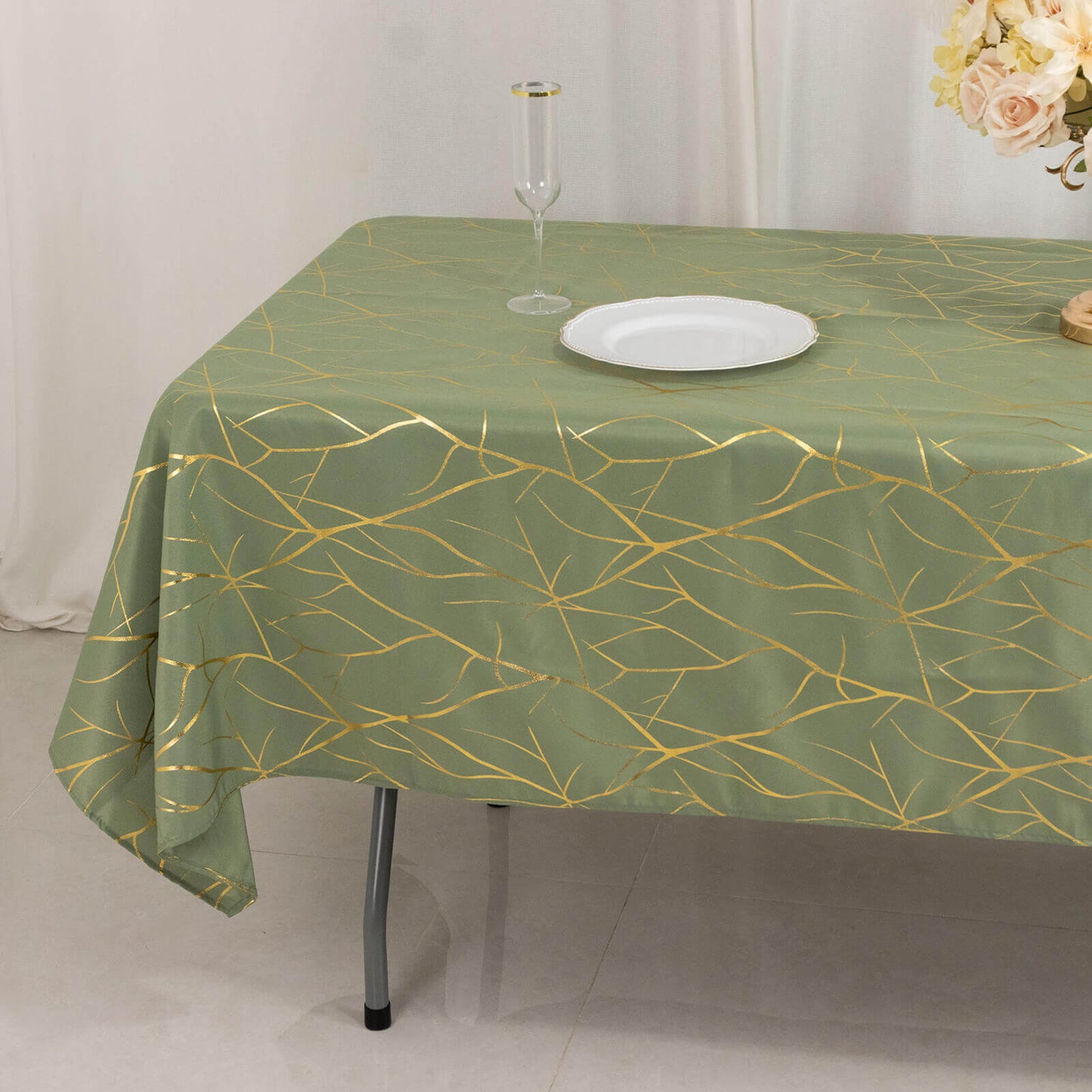Polyester 60"x102" Rectangle Tablecloth Dusty Sage Green with Gold Foil Tree Branch Pattern - Wrinkle-Resistant & Durable Table Cover