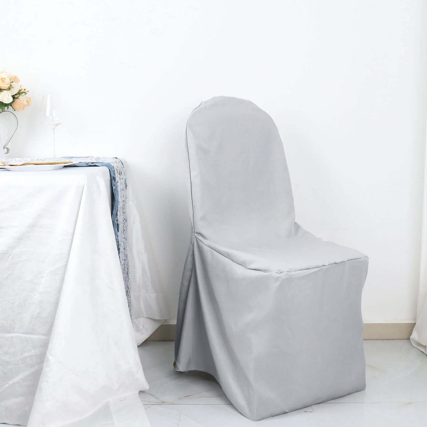 Polyester Slip On Banquet Chair Covers Silver - Stain-Resistant Reusable Durable Fabric