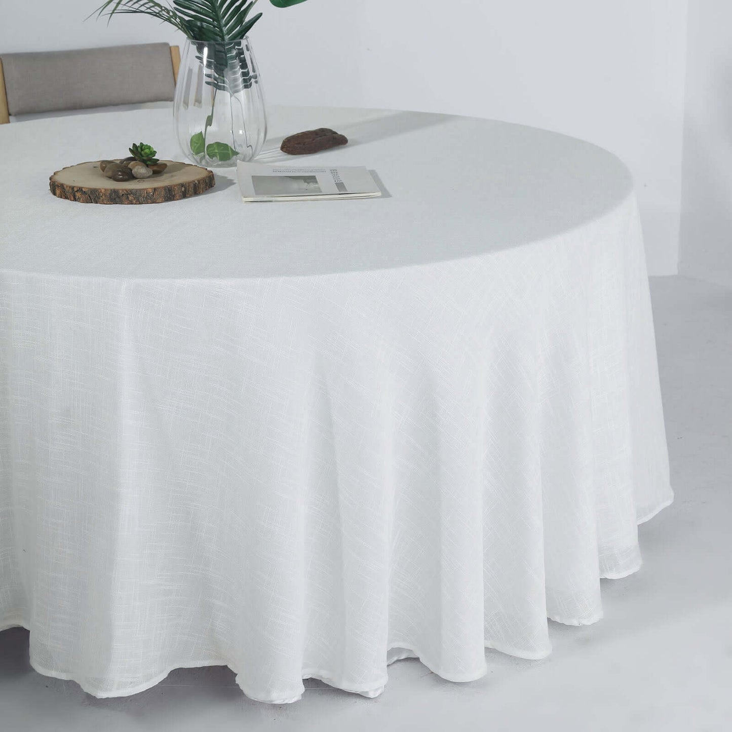 Faux Linen 120" Round Tablecloth White - Modern Slubby Texture with Wrinkle-Resistant Appeal Seamless Table Cover