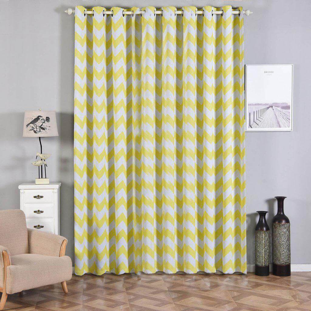 2 Pack White Yellow Chevron Design Thermal Blackout Curtains With Chrome Grommet Window Treatment Panels - 52"x108"